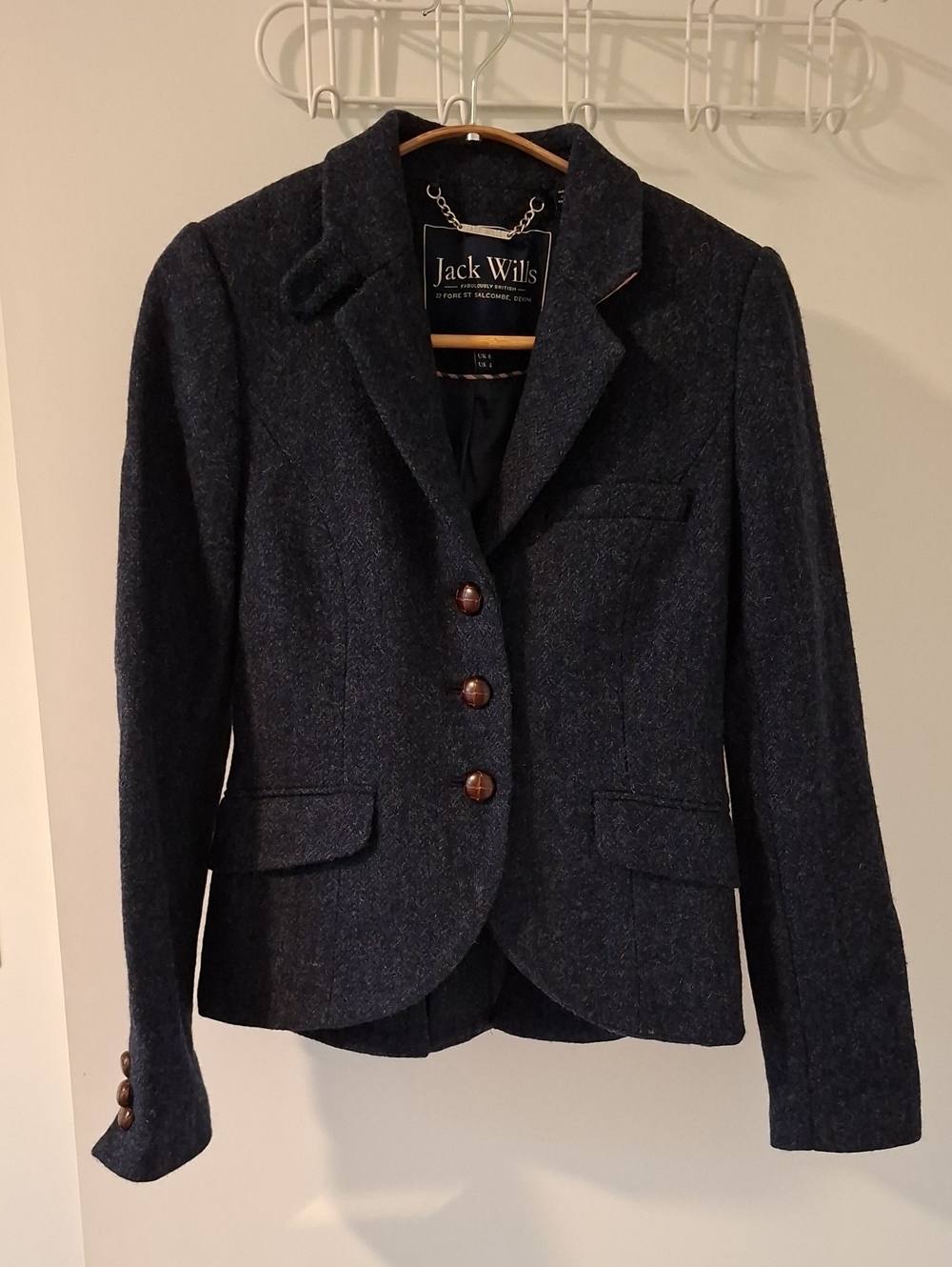 Jack Wills Premium Luxury Navy Blue 100% Wool Tweed Blazer (UK 8/US 4)